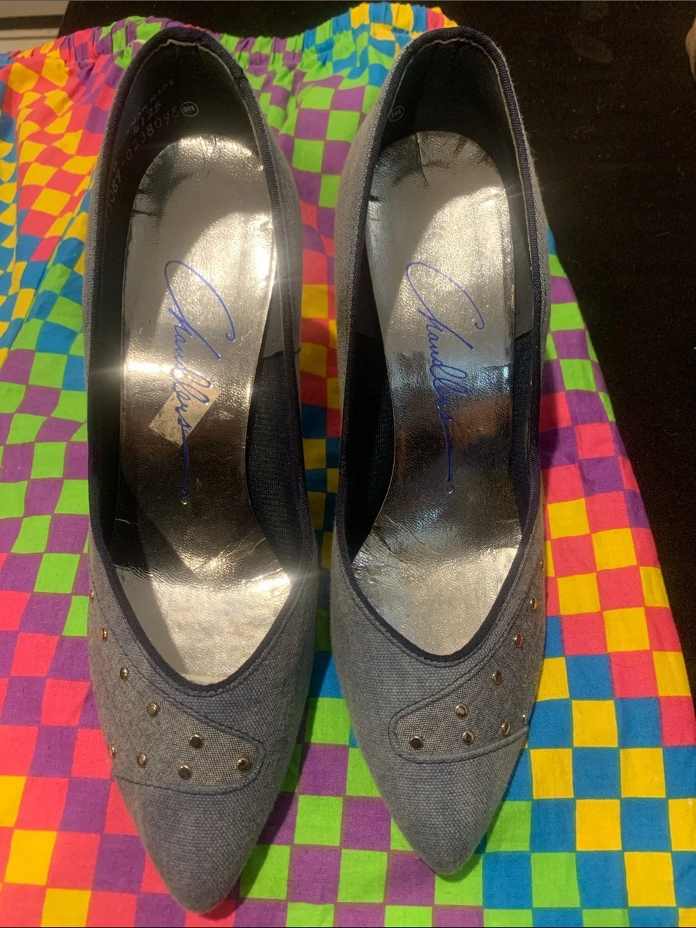 Chandlers Denim Pointed-Toe Studded Heels